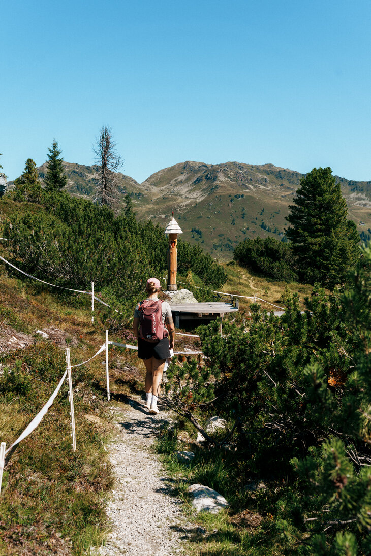 Ein Mann wandert auf einem Bergpfad.