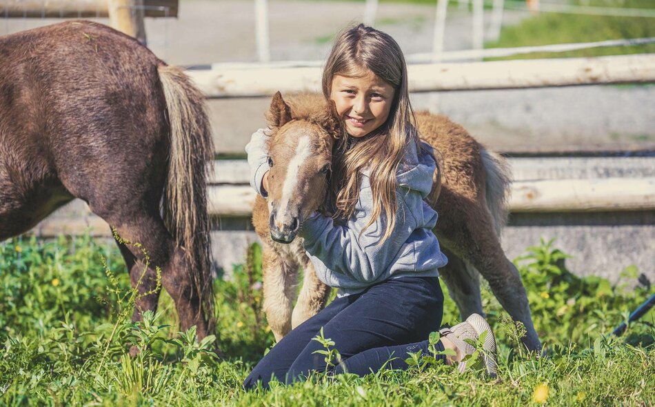 Mädchen bei kleinen Pferden im Streichelzoo