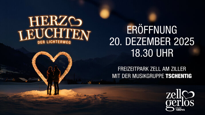 Flyer mit Informationen zum Datum und Uhrzeit der Eröffnung mit dem Herzleuchten Schriftzug und einem leuchtenden Herz.